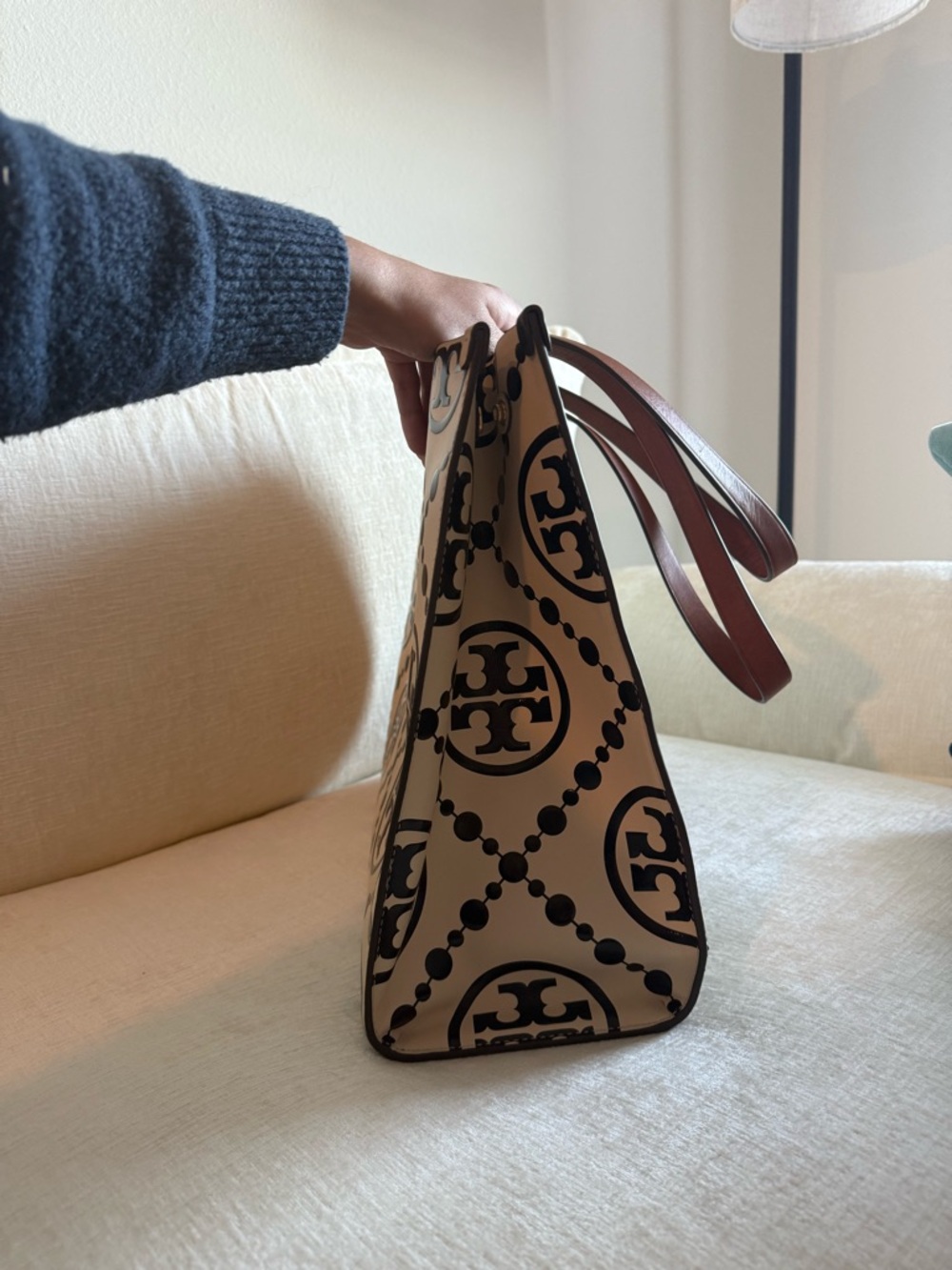 Tory Burch Black and Cream Logo Canvas Tote with Brown Leather Straps - Picture 5 of 8